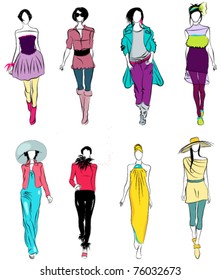 Vector set of elegant, stylized fashion models illustration