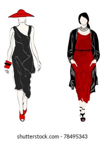 Vector set of elegant, stylized, hand drawn style fashion models illustration