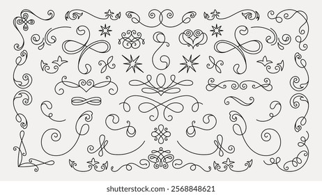 Vector set. Elegant swirl designs, featuring intricate swirl patterns and decorative elements. Swirls and curls in various styles, perfect for decorative use. Hand drawn ornament vector set.