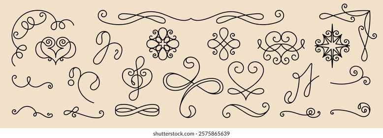 Vector set. Elegant swirl designs, decorative flourishes, intricate swirls, ornate embellishments, swirl patterns, decorative elements, flourishes for design projects. Hand drawn ornament vector set.