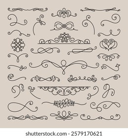 Vector set. Elegant swirl designs, featuring decorative swirls, ornate swirls, and intricate swirl patterns. Perfect for adding a swirl touch to any project. Hand drawn ornament vector set.