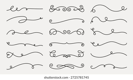 Conjunto de vetores. Desenhos elegantes em espiral em preto. Padrões de redemoinho, redemoinho e enfeites de redemoinho. Redemoinhos decorativos para arte, design e projetos criativos. Conjunto de vetores de ornamento desenhado à mão.