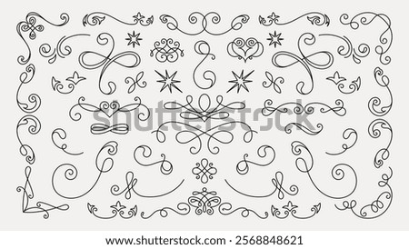 Vector set. Elegant swirl designs, featuring intricate swirl patterns and decorative elements. Swirls and curls in various styles, perfect for decorative use. Hand drawn ornament vector set.