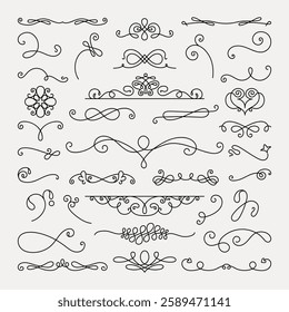 Vector set. Elegant swirls and decorative flourishes in black. Swirls and flourishes create ornate designs. Perfect for decorative accents and embellishments. Hand drawn ornament vector set.