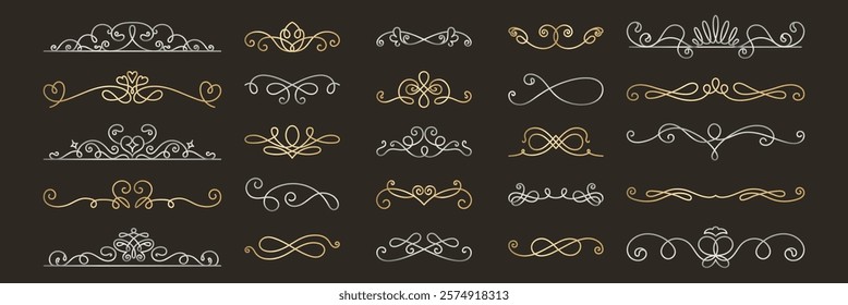 Vector set. Elegant vintage decorative dividers in gold and silver. Ornate, intricate designs. Perfect for invitations, vintage themes, and elegant projects. Hand drawn ornament vector set.