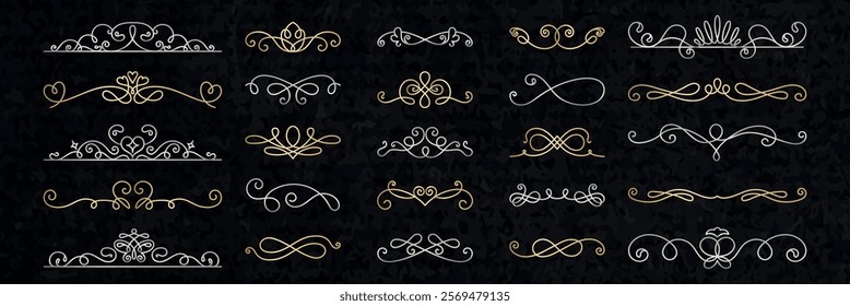 Vector set. Elegant vintage dividers in gold and silver. Ornate, decorative lines and swirls. Perfect for invitations, vintage-themed designs, and elegant projects. Hand drawn ornament vector set.