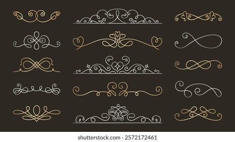 Vector set. Elegant vintage dividers in gold and silver. Ornate swirls and flourishes. Perfect for invitations and design. Vintage dividers add a classic touch. Hand drawn ornament vector set.