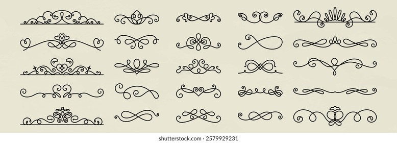 Vector set. Elegant vintage dividers with intricate swirls and flourishes. Decorative elements perfect for invitations and design. Vintage swirls add a classic touch. Hand drawn ornament vector set.