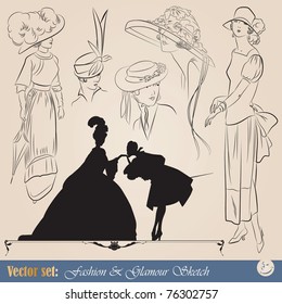 vector set: elegant vintage fashion illustrations, sketch and portraits