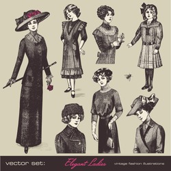 Vector Set: Elegant Vintage Ladies (and Girls) - Variety Of Retro Fashion Illustrations And Portraits