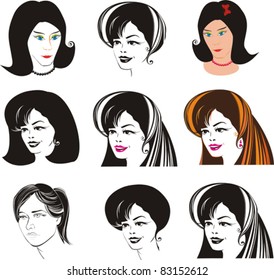 vector set: elegant vintage ladies and beautiful girl faces
