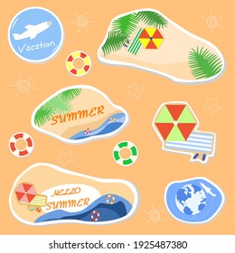 Vector - Set element of Summer, Beach, Sea, Plane. Cartoon design, Cute image. Clip art. Can be use for sticker, print, label, logo.