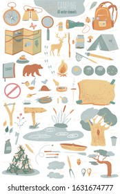 Vector set of elements about camping and travel to nature. Map, animals, compass. All you need for a hike.