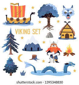 Vector set with elements associated with vikings and their lifestyle, myths and traditions isolated on a white background. Cute illustration for kids of Yggdrasil, fenrir, dragon, viking, drakkar.