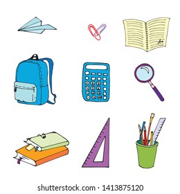 Vector set of elements Back to school. School backpack, magnifier, ruler, clip, books, paper airplane, pencil, brushes, calculator, angle. For store promotions, discounts, advertising banners, books