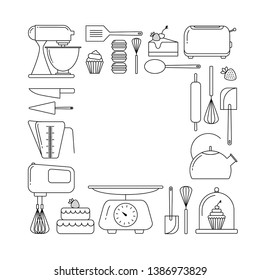 Vector set of elements for bakery in trendy linear style