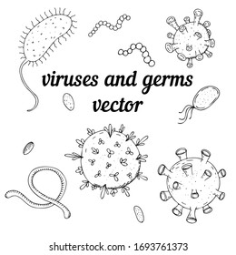 vector set of elements, black and white viruses and bacteria without background