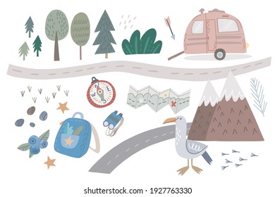 Vector Set of elements for camping design.	