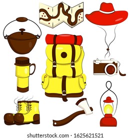 Vector set with elements for camping. Isolated on a white background. Set with things for a hike. Stock illustration of a backpack, map, camera, flashlight, ax, boots, thermocup, hat, cauldron.
