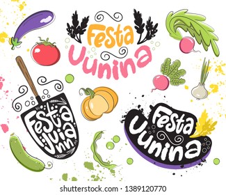 Vector set of elements for the celebration of the Festa Junina. Lettering, vegetables, farmer's hat, shovel, wheat