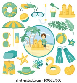 Vector set of elements for children's entertainment on the summer beach. The boy is building a sand castle. Palm trees, diving mask, fins, swim circle, starfish, crab, ice cream, bucket and shovel. 