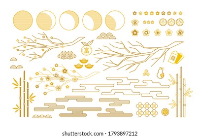 Vector set with elements, Chinese icons and traditional symbols for decoration cards, web design, banners for Chinese New Year, Happy Mid Autumn Festival. Isolated. Gold colored, flat design style.