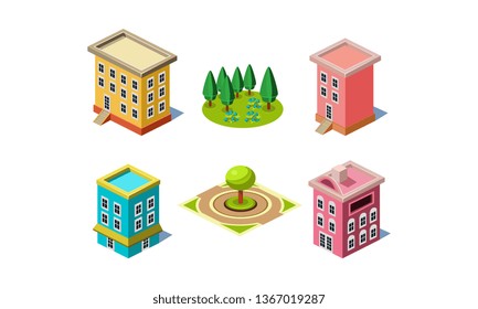 Vector set of elements for city constructor. Modern buildings, green trees for park