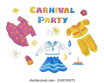 Vector set elements clothing, masquerade, historical, decorative children s costumes. Lettering text Carnival Party. Concept children s clothing for party. Invitations, posters, etc. Plasticine style.