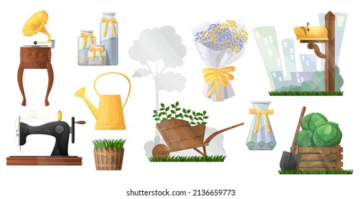 Vector set elements in concept of spring. It depicts retro gramophone, vases, bouquet of autumn flowers, mailbox, antique sewing machine, watering can, wooden decorative cart, box with harvest.