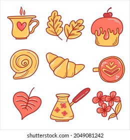 Vector set of elements with a croissant, a bun, a cup of coffee, a turk, a cupcake in a doodle style. Coffee set for cafes, menus, packaging, postcards, coffee.