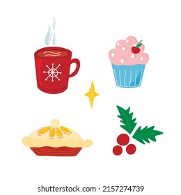 Vector set of elements with a cup of cocoa, cake, holiday cake and mistletoe in cartoon style. Children's illustration with cute animals for postcards, posters, design, fabrics.