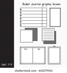 Vector set of elements for design. Bullet journal graphic boxes. Set 7, including simple paper notes, pages with perforation, lined notes, board. Black and white FLAT icons