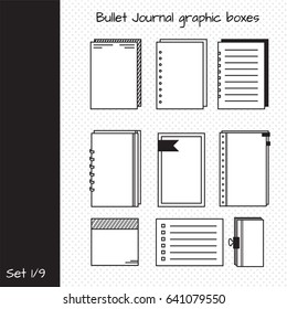 Vector set of elements for design. Bullet journal graphic boxes. Set 1, including simple paper notes, notebook, pages with perforation, lined notes, book with paper clip. Black and white FLAT icons