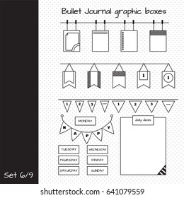 Vector set of elements for design. Bullet journal graphic boxes. Set 6, including buntings garlands, paper notes, triangles and rectangles boxes. Black and white FLAT icons