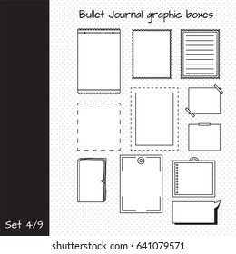 Vector set of elements for design. Bullet journal graphic boxes. Set 4, including sticky paper square and rectangle hand drawing frames, paper pages, text cloud. Black and white FLAT icons