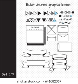 Vector set of elements for design. Bullet journal graphic boxes. Set 9, including template for calendar, different envelope, flag ribbons, triangles and squares dividers. Black and white FLAT icons