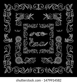 Vector set of elements for design. Chalkboard square corners and frames. Flowers, ear of wheat, leaves elements, white on black background. Vintage style. New and Different elements in each set. Set 4