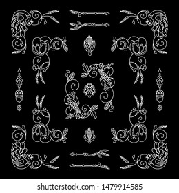 Vector set of elements for design. Chalkboard square corners and frames. Flowers, ear of wheat, leaves elements, white on black background. Vintage style. New and Different elements in each set. Set 2