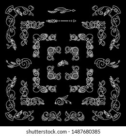 Vector set of elements for design. Chalkboard square corners and frames. Flowers, ear of wheat, leaves elements, white on black background. Vintage style. New and Different elements in each set. Set 7