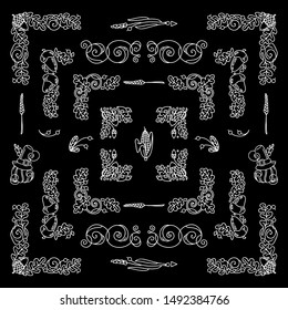 Vector set of elements for design. Chalkboard square corners and frames. Flowers, ear of wheat, leaves elements, white on black background. Vintage style. New and Different elements in each set. Set 8