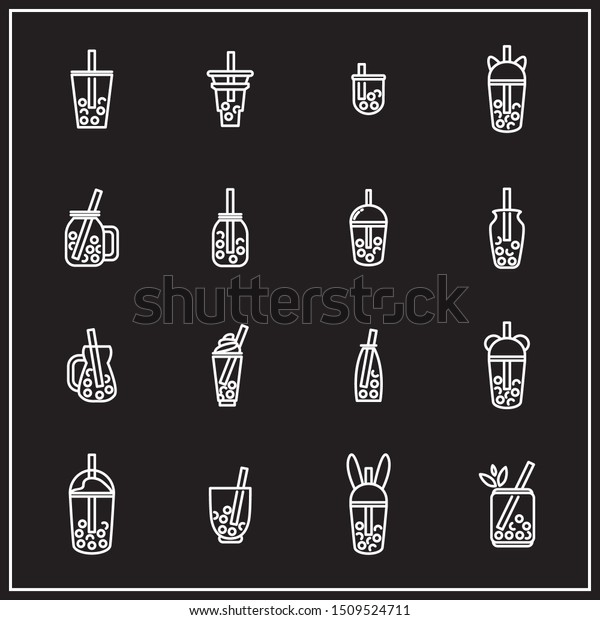 Vector set of\
elements for design in chalkboard style. Signs, symbols, icons of\
drinks in tea glasses with boba (or bubble) tea. Simple outline\
style, black and white\
colors