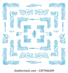 Vector set of elements for design. Collection of square corners, frames in blue watercolor style. Flowers, ear of wheat, leaves elements. Vintage, hand drawing doodle style