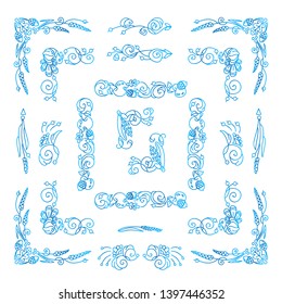 Vector set of elements for design. Collection of square corners, frames in blue watercolor style. Flowers, ear of wheat, leaves elements. Vintage, hand drawing doodle style