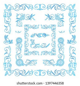 Vector set of elements for design. Collection of square corners, frames in blue watercolor style. Flowers, ear of wheat, leaves elements. Vintage, hand drawing doodle style