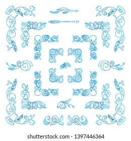 Vector set of elements for design. Collection of square corners, frames in blue watercolor style. Flowers, ear of wheat, leaves elements. Vintage, hand drawing doodle style