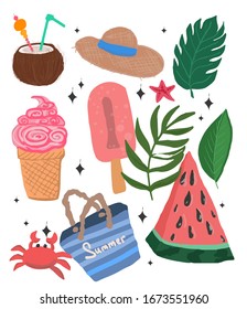 Vector set of elements for design on the summer and sea topics: straw hat, beach bag, crab, coconut cocktail, tropical leaves.