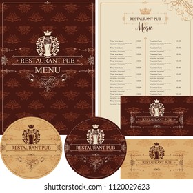 Vector set of elements for design pub restaurant in baroque style with glass of beer, crown and laurel wreath. Menu, price list, stands for drinks and business cards on background with floral pattern