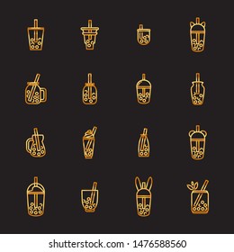 Vector set of elements for design. Signs, symbols of drinks in tea glasses with boba (or bubble) tea. Simple outline style. Funny icon of portable cups in premium gold color on black background