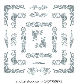 Vector set of elements for design. Square corners and frames. Flowers, ear of wheat, leaves elements. Vintage, hand drawing doodle style
