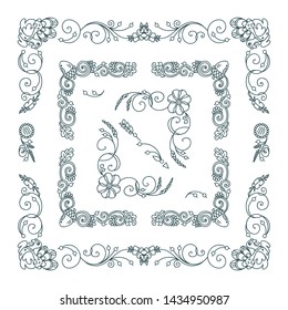 Vector set of elements for design. Square corners and frames. Flowers, ear of wheat, leaves elements. Vintage, hand drawing doodle style